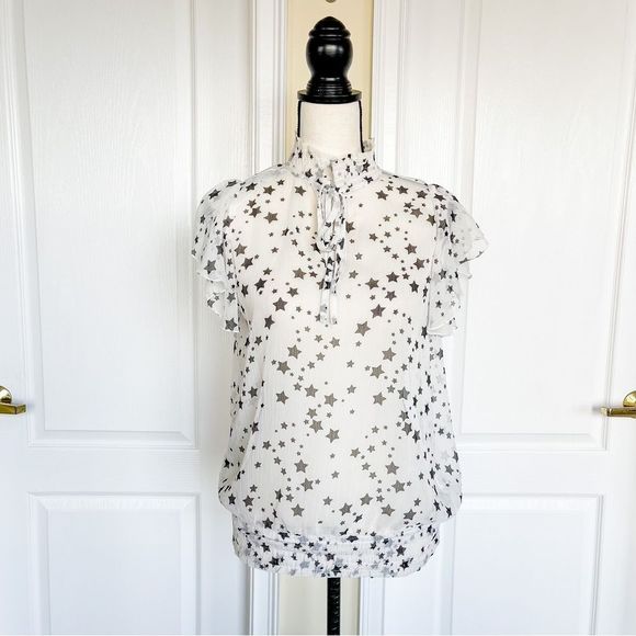 Hot Options Sz 12 Linen Sheer Star Design Tie Neck Elastic Waist Ruffled Sleeves - Picture 1 of 14